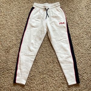 Fila White Sweatpants with Navy Blue and Red Striped sides